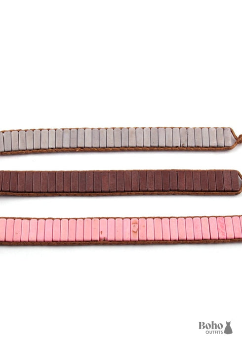 Boho Bracelet, RH Leather Wrap Bracelet, Blue White and Pink